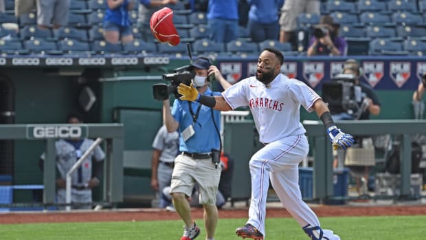 May 23, 2021; Kansas City, Missouri, USA; Kansas City Royals designated hitter Carlos Santana (41) reacts after hitting a walk-off two run home run during the ninth inning against the Detroit Tigers at Kauffman Stadium. Mandatory Credit: Peter Aiken-USA TODAY Sports